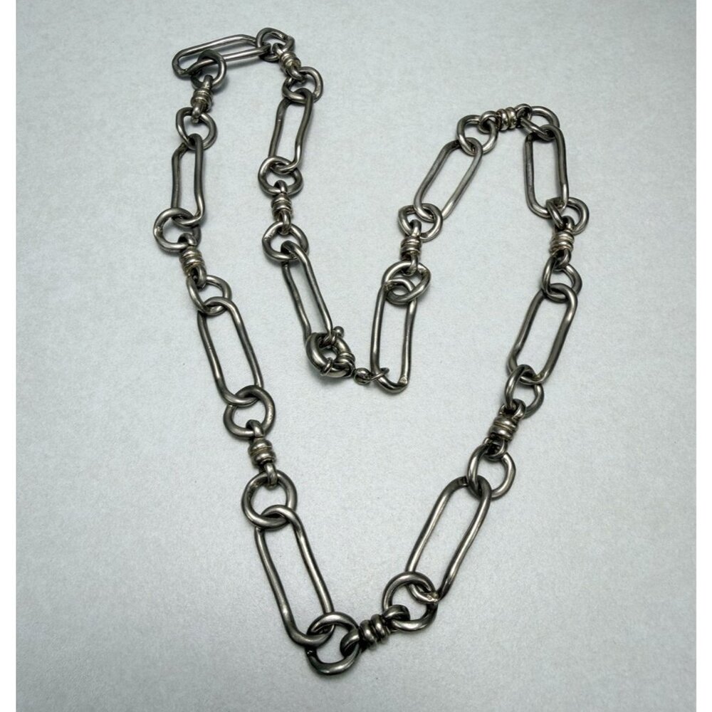 Chunky Silver Tone Statement Link Necklace Modern Bold Unisex 24"